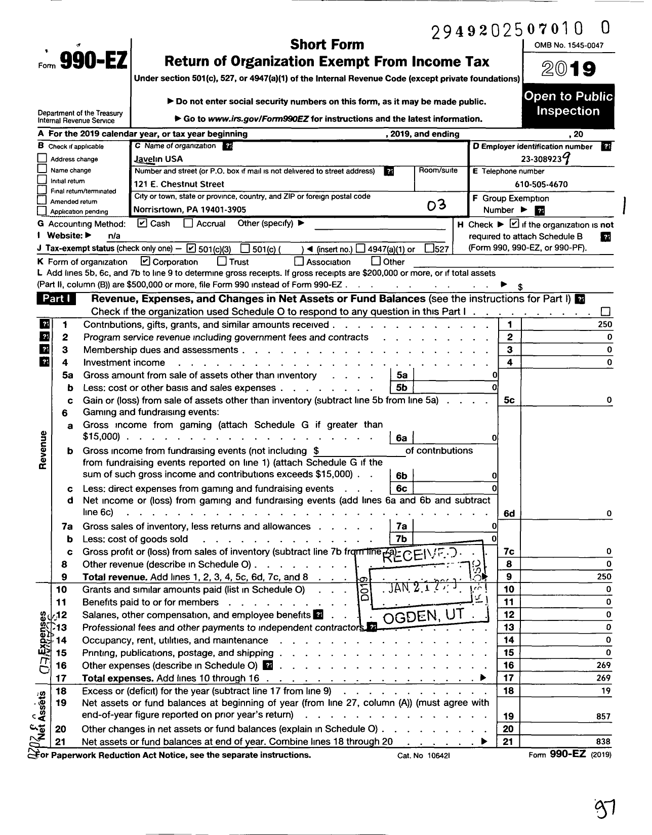 Image of first page of 2019 Form 990EZ for Javelin USA