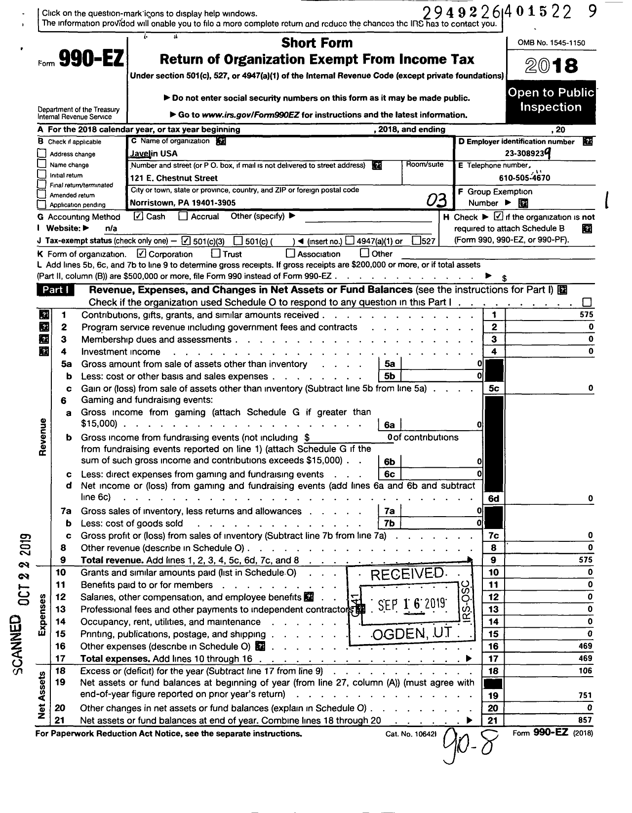 Image of first page of 2018 Form 990EZ for Javelin USA