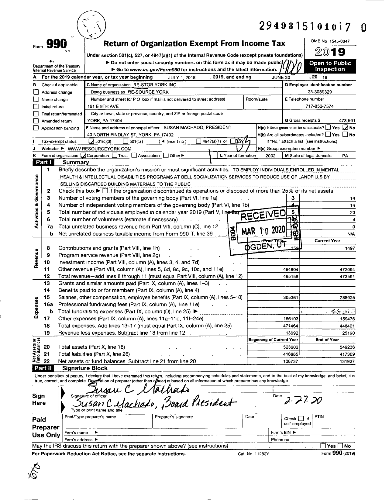 Image of first page of 2018 Form 990 for Re-Source York
