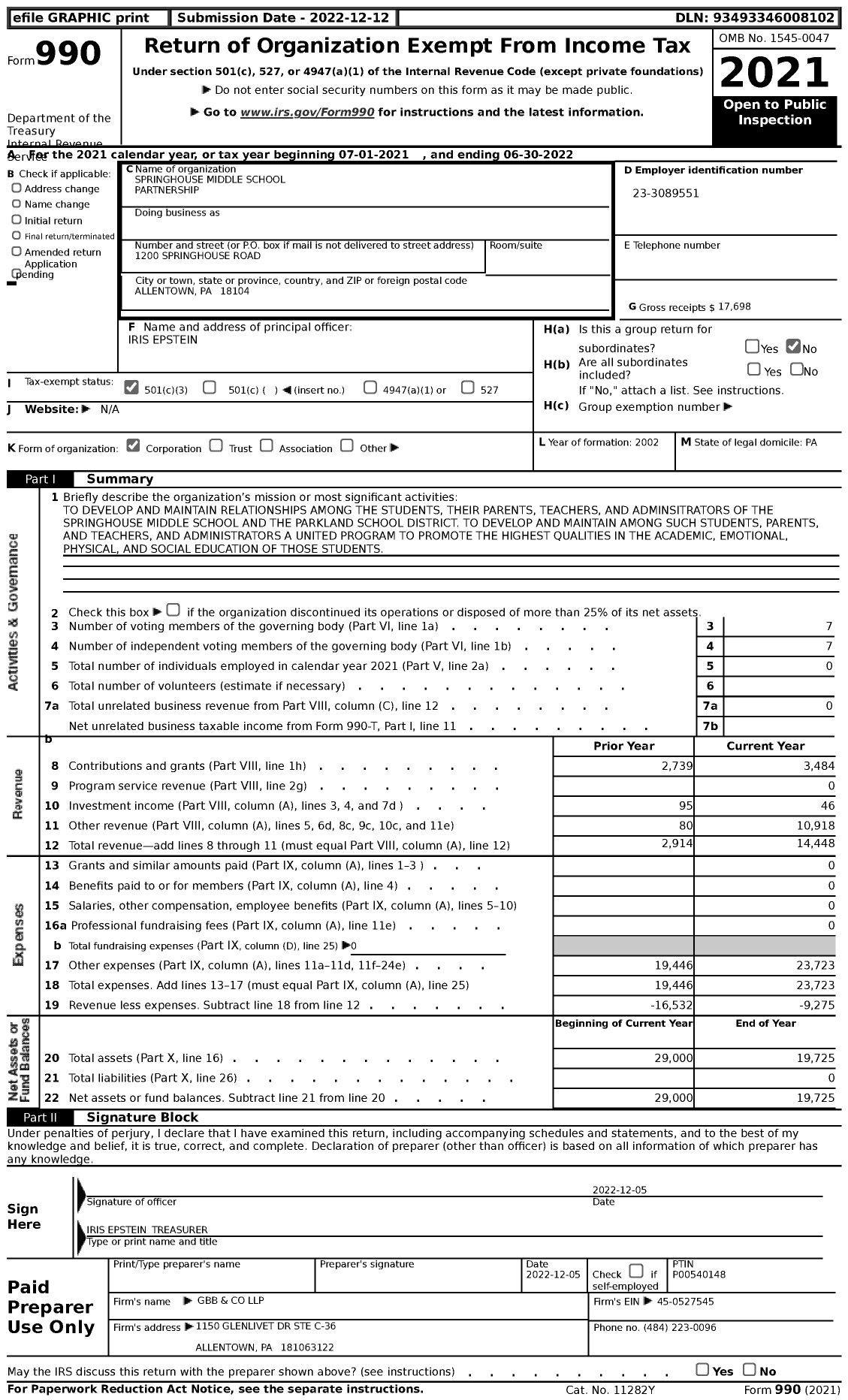 Image of first page of 2021 Form 990 for Springhouse Middle School Partnership