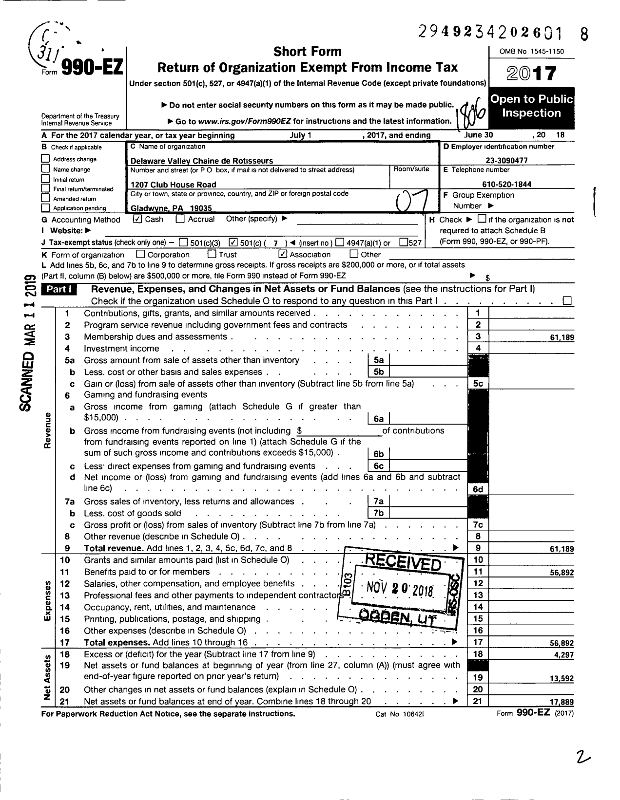 Image of first page of 2017 Form 990EO for Confrerie De-La-Chaine Des Rotisseurs / Delaware Valley Chaine Des Rotisseu