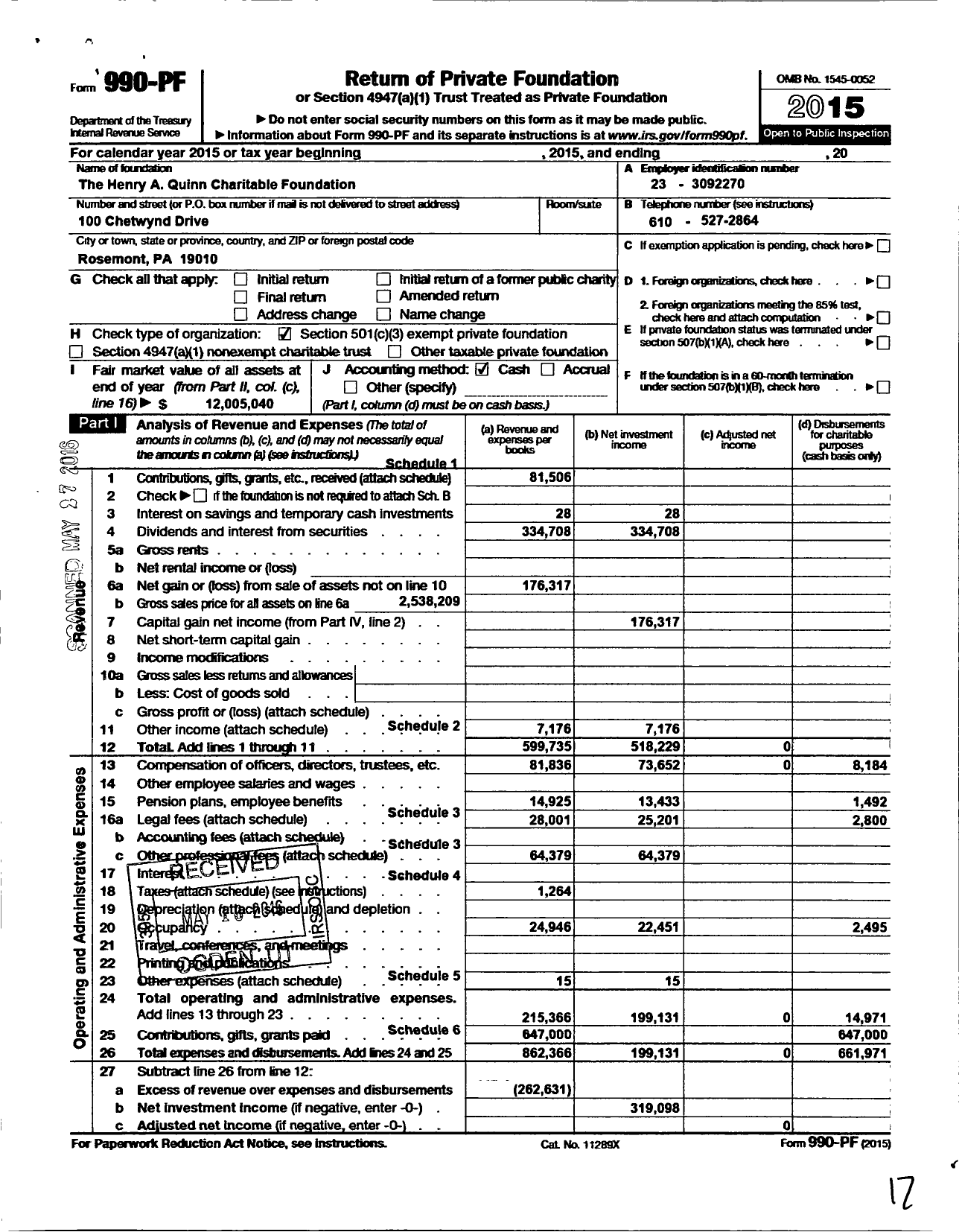 Image of first page of 2015 Form 990PF for The Henry A Quinn Charitable Foundation