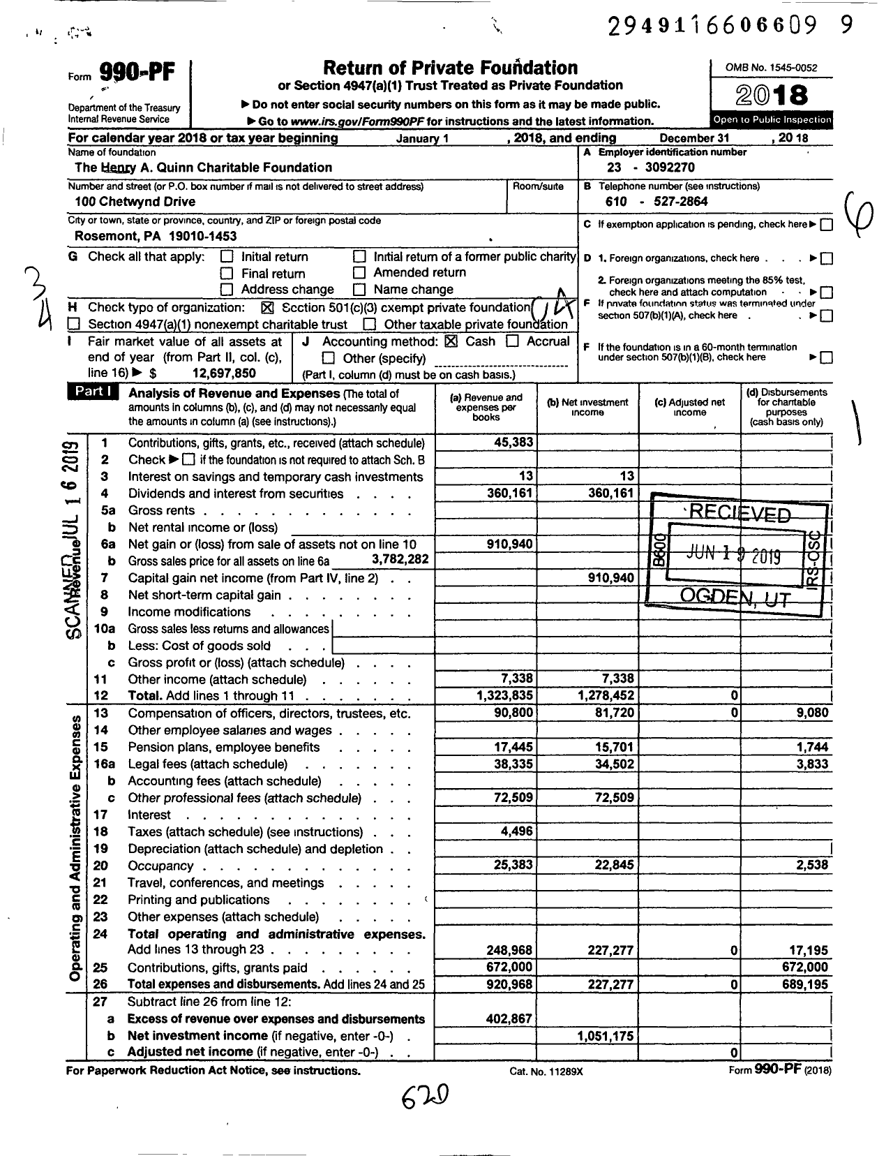Image of first page of 2018 Form 990PF for The Henry A Quinn Charitable Foundation