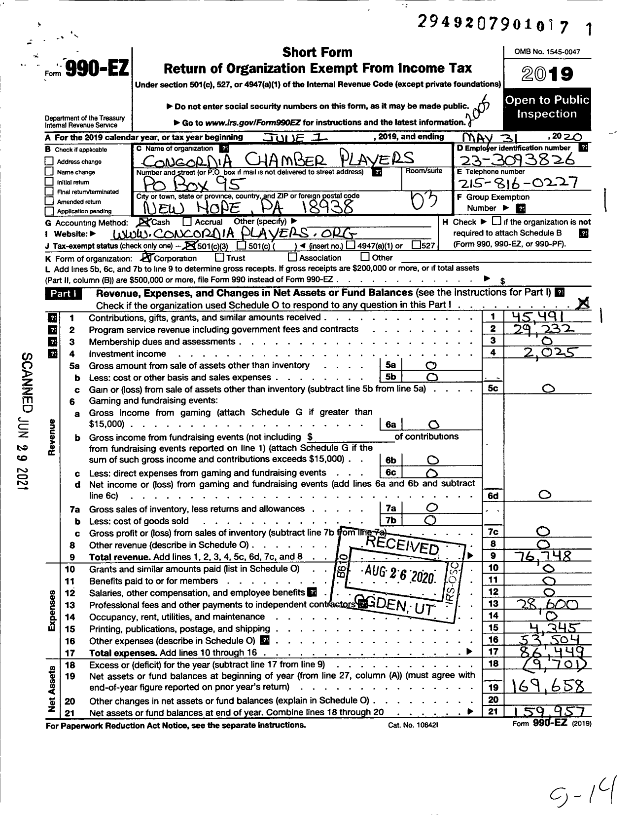 Image of first page of 2019 Form 990EZ for Concordia Chamber Players