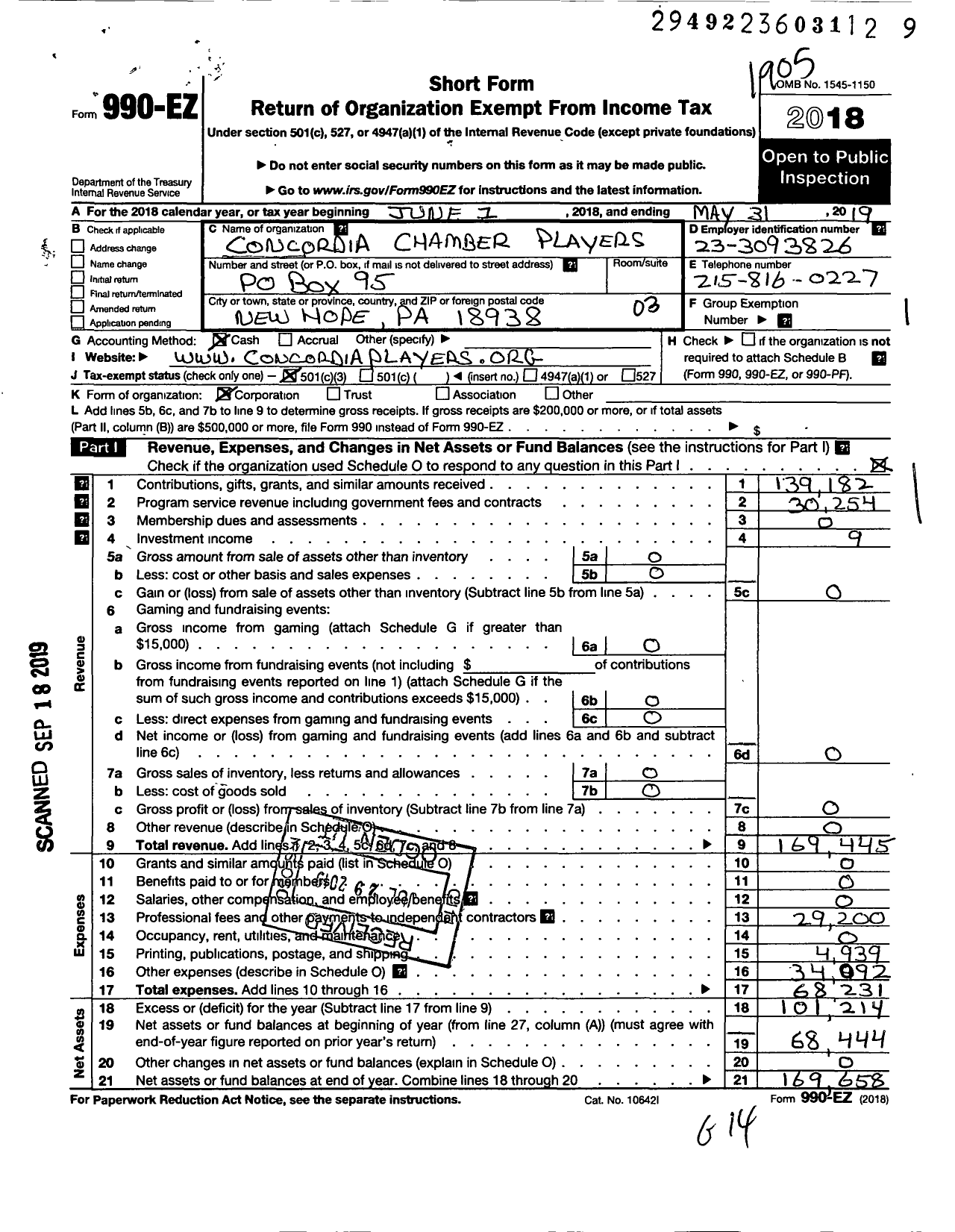 Image of first page of 2018 Form 990EZ for Concordia Chamber Players