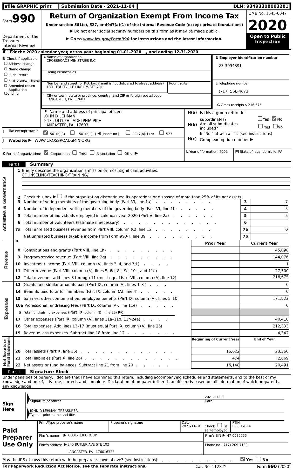 Image of first page of 2020 Form 990 for Crossroads Ministries