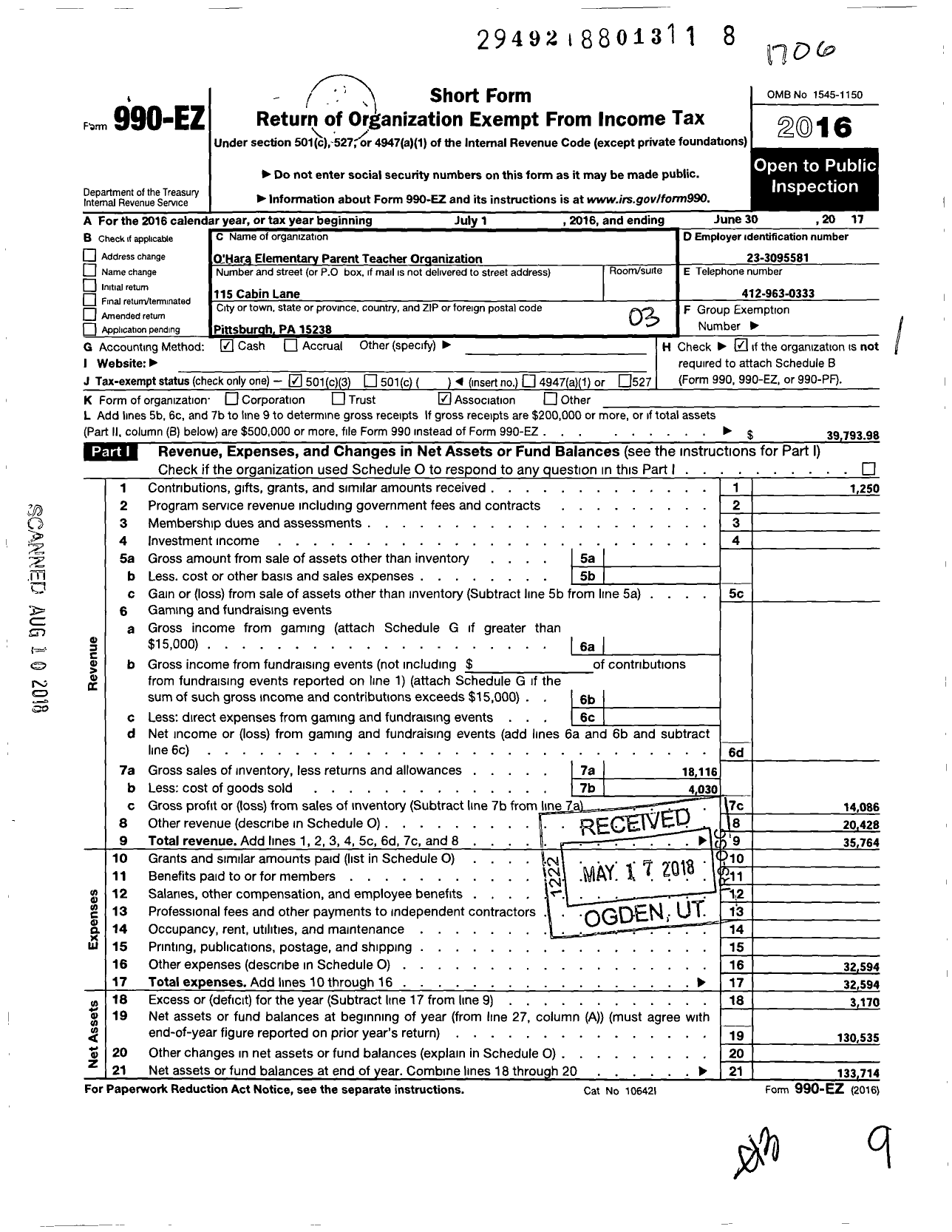 Image of first page of 2016 Form 990EZ for Ohara Elementary Parent Teacher Organization