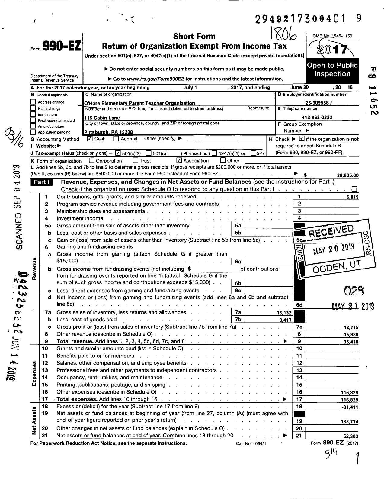 Image of first page of 2017 Form 990EZ for Ohara Elementary Parent Teacher Organization