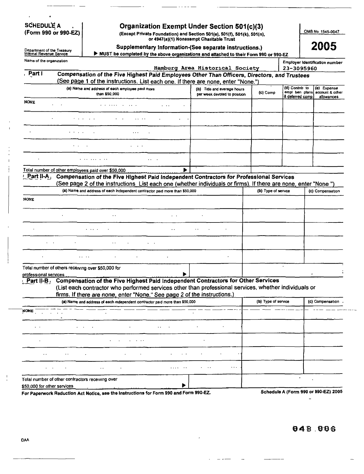 Image of first page of 2005 Form 990R for Hamburg Area Historical Society