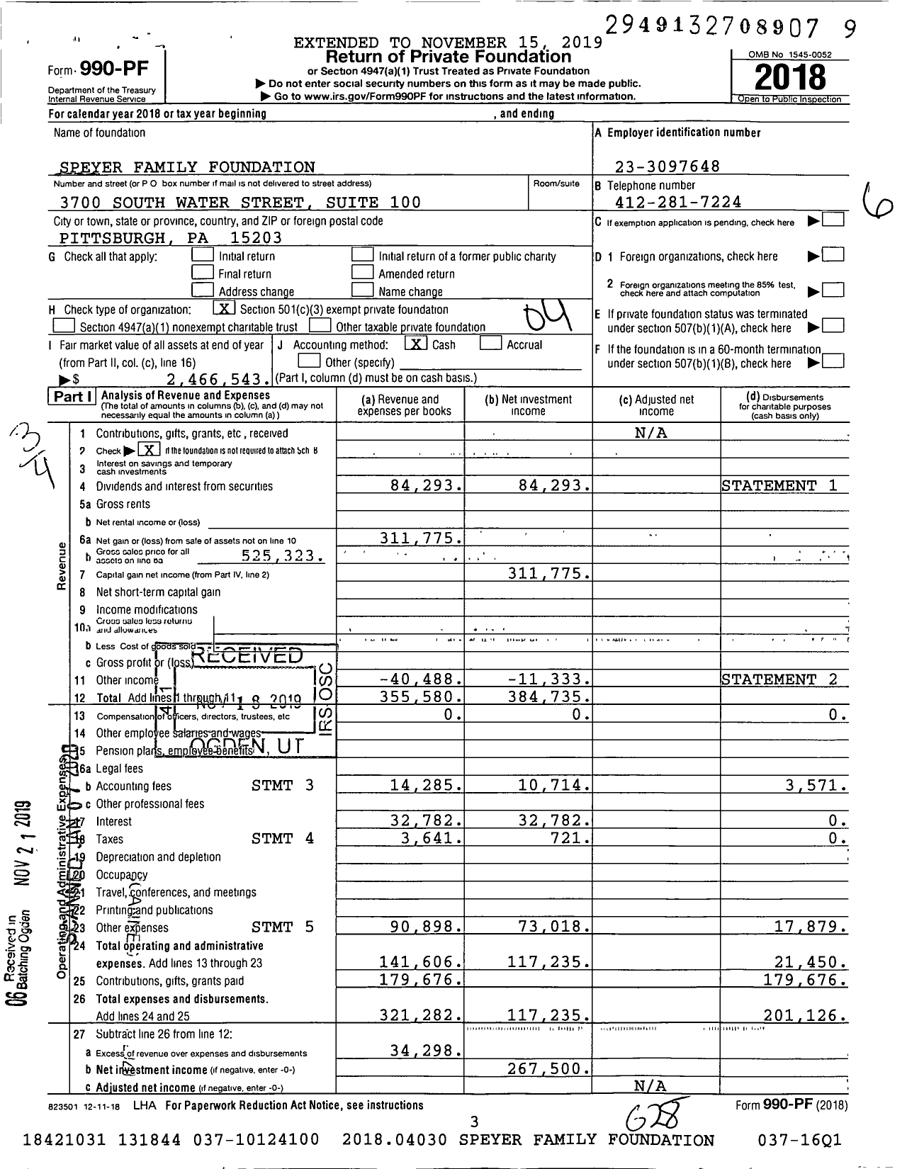 Image of first page of 2018 Form 990PF for Speyer Family Foundation