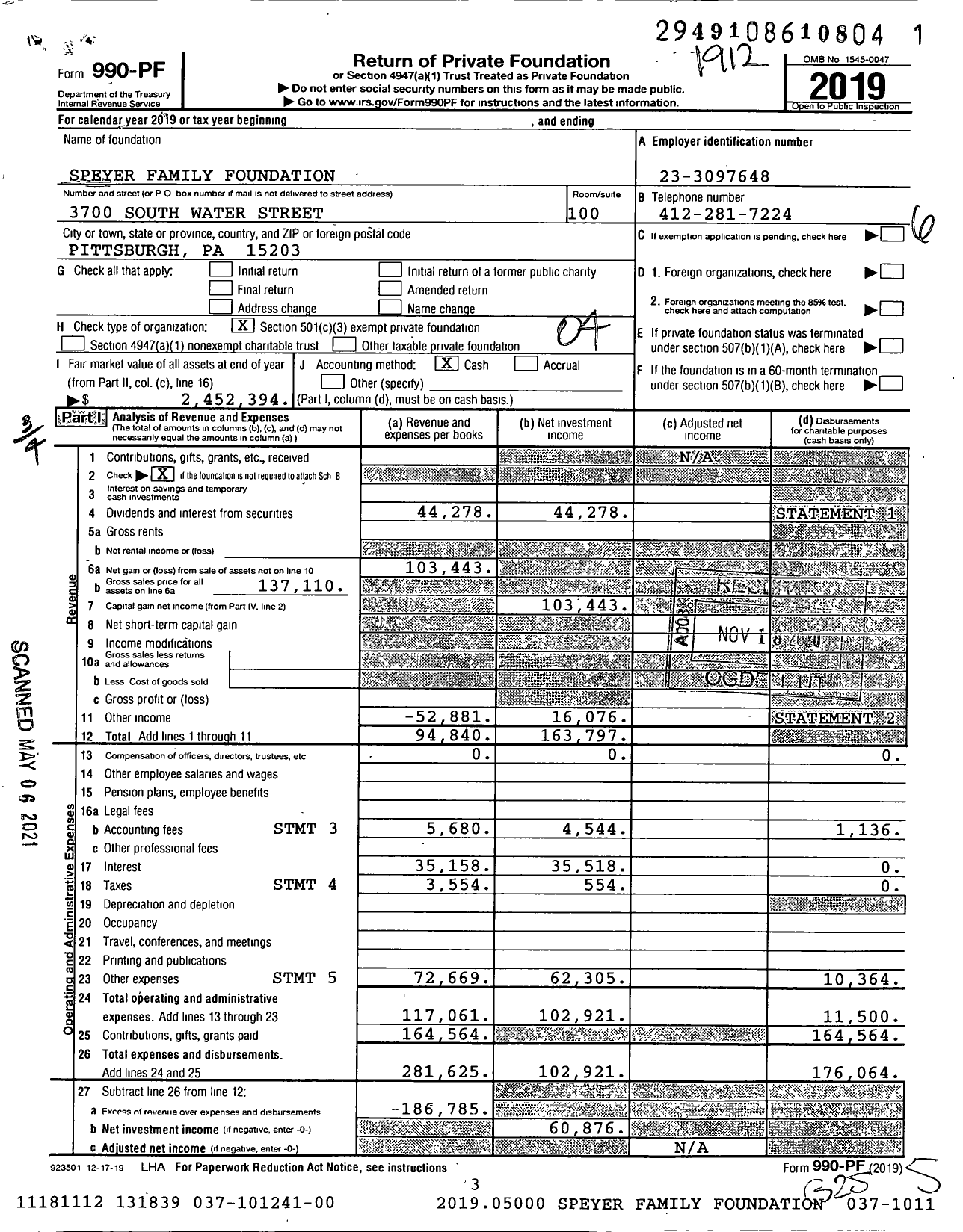 Image of first page of 2019 Form 990PF for Speyer Family Foundation