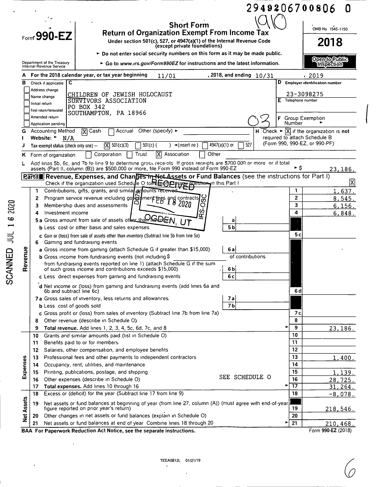 Image of first page of 2018 Form 990EZ for Children of Jewish Holocaust Survivors Association