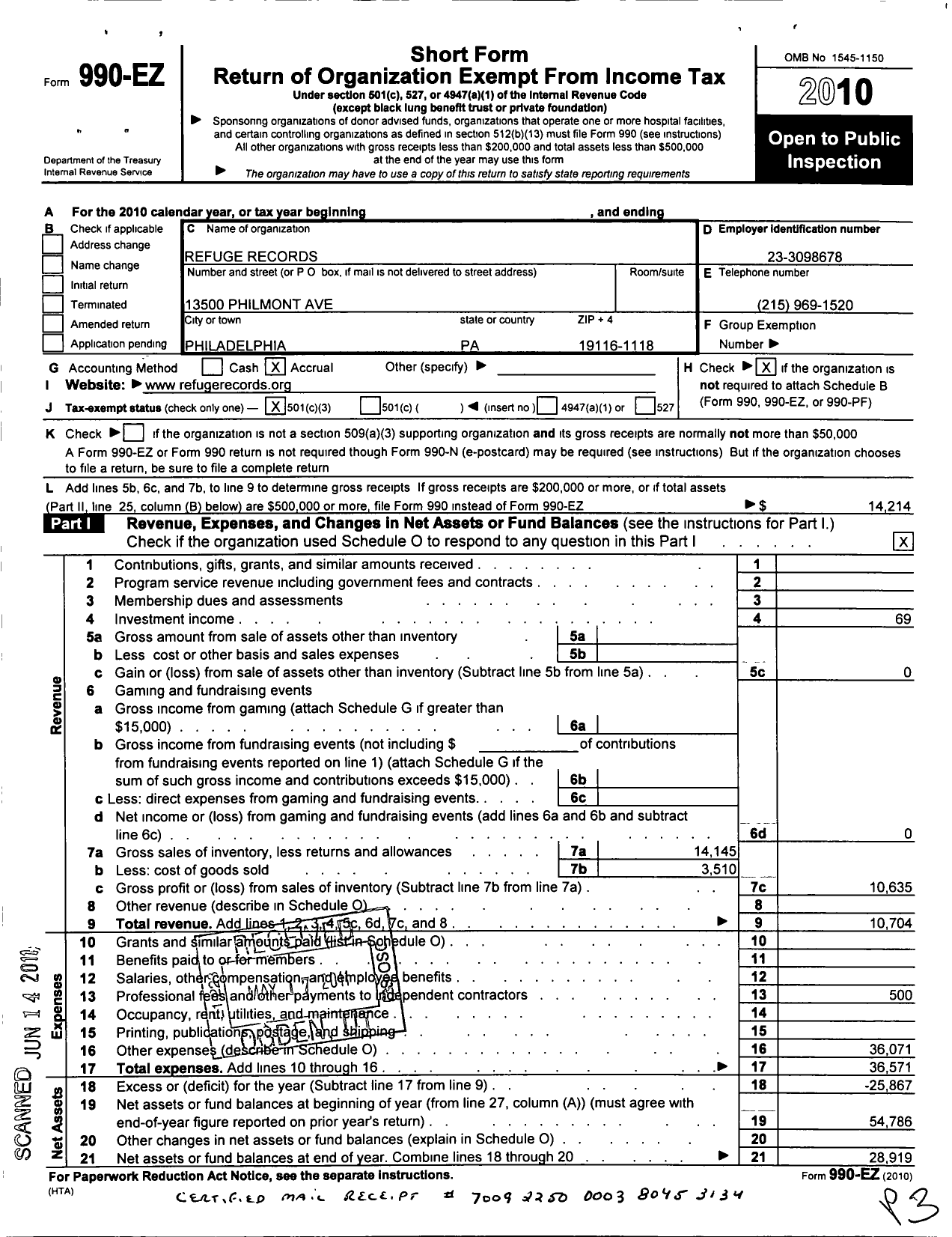 Image of first page of 2010 Form 990EZ for Refuge Records