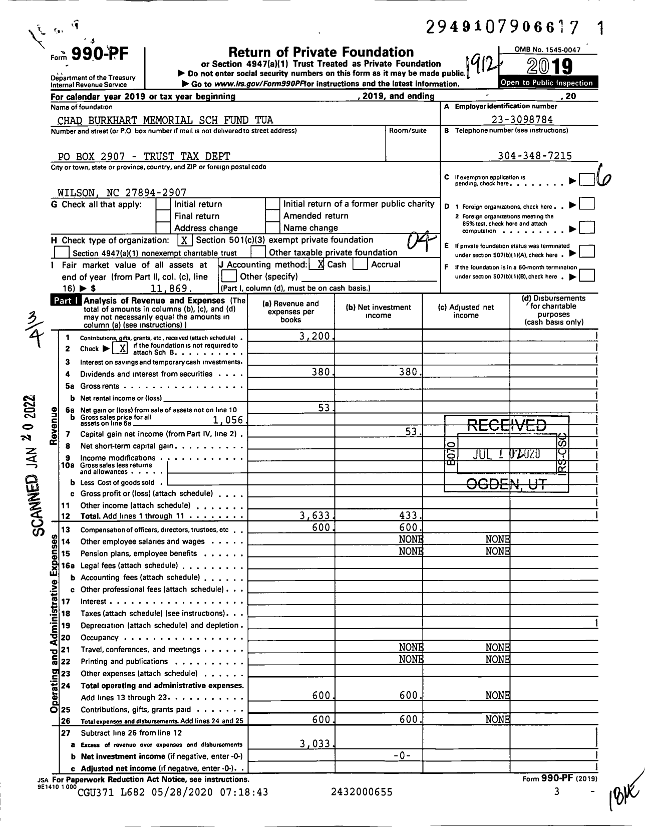 Image of first page of 2019 Form 990PF for Chad Burkhart Memorial SCH Fund Tua