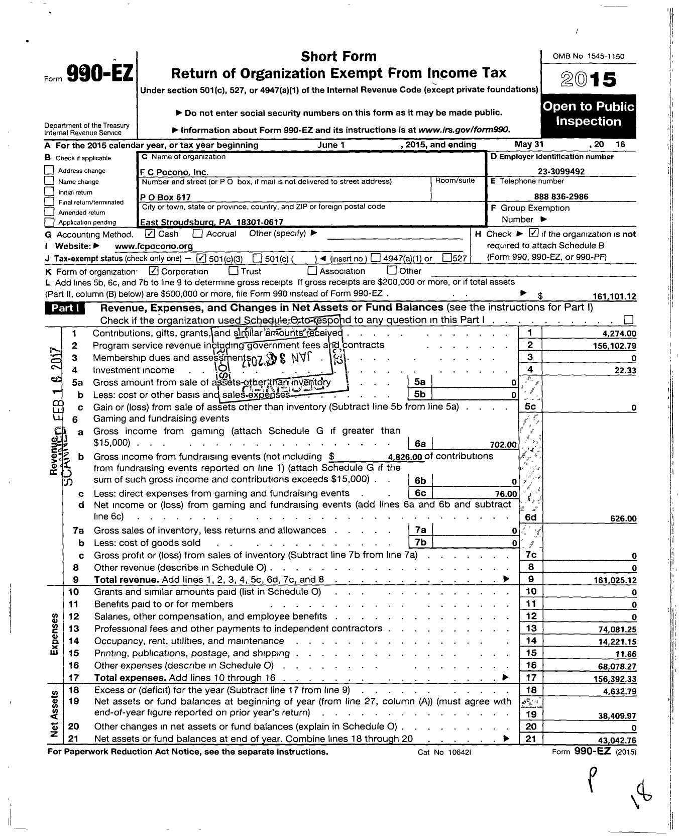 Image of first page of 2015 Form 990EZ for FC Pocono