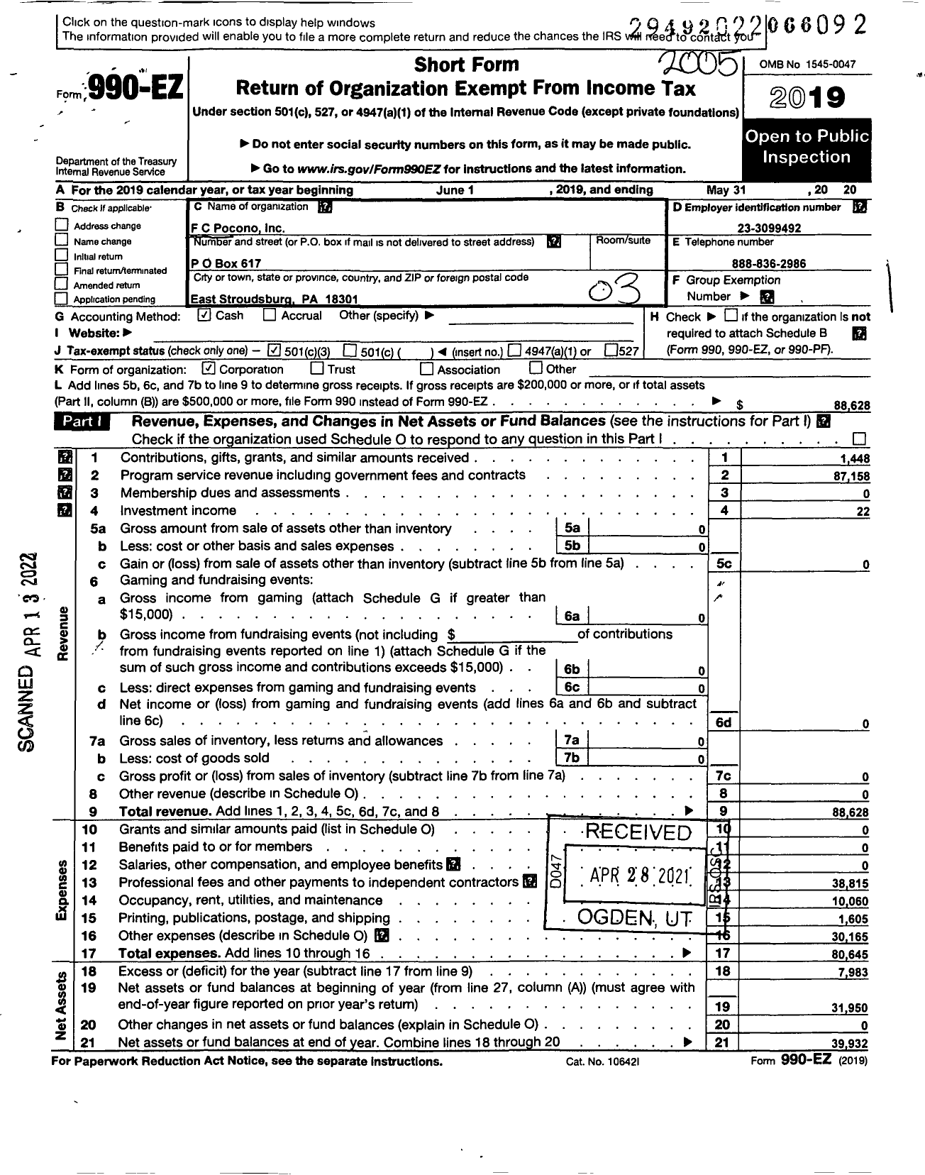 Image of first page of 2019 Form 990EZ for FC Pocono