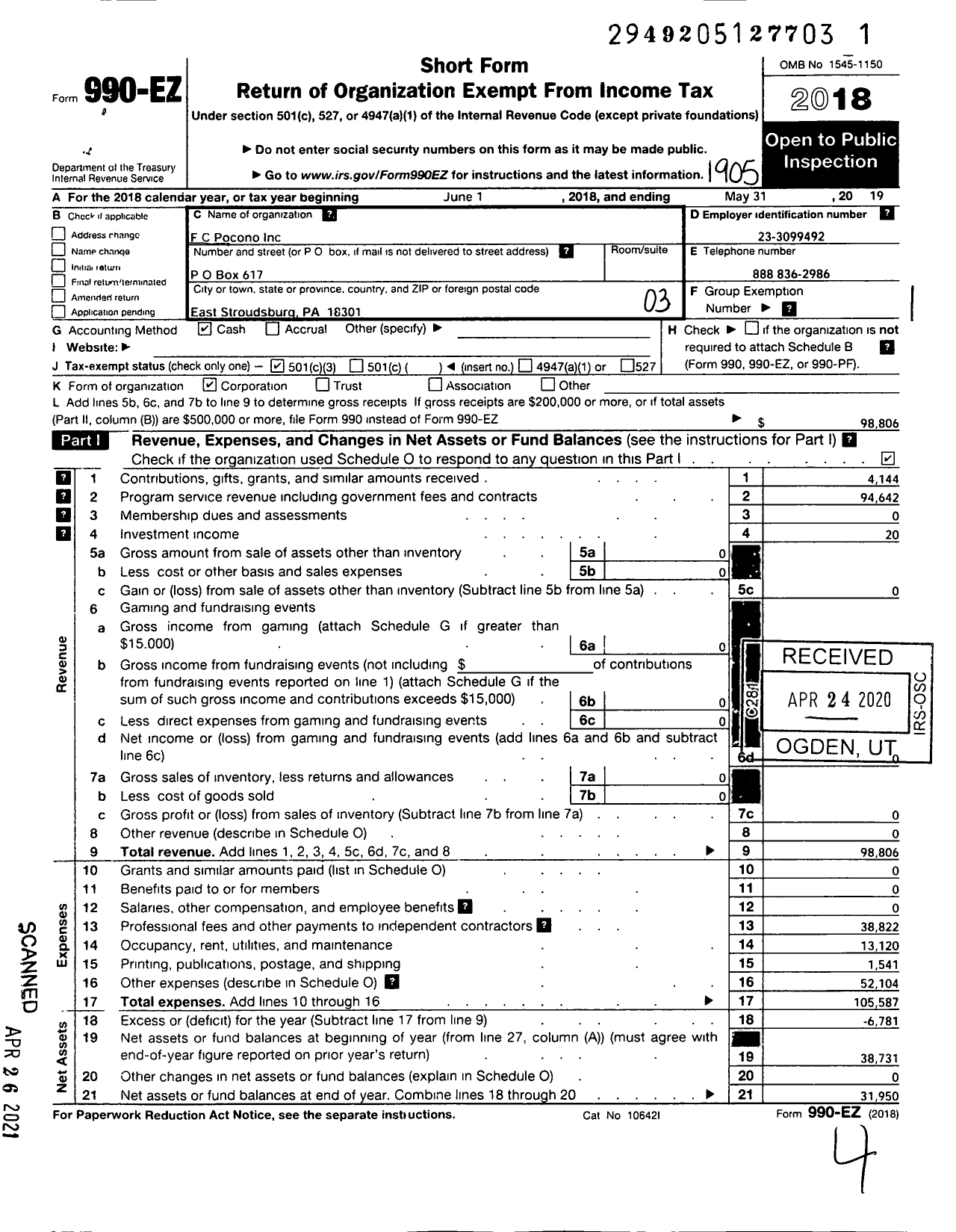 Image of first page of 2018 Form 990EZ for FC Pocono