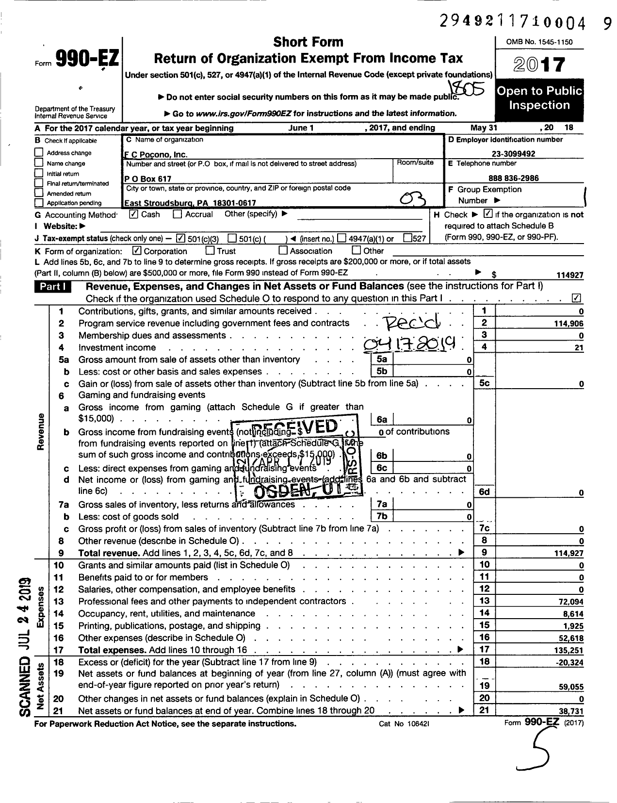 Image of first page of 2017 Form 990EZ for FC Pocono