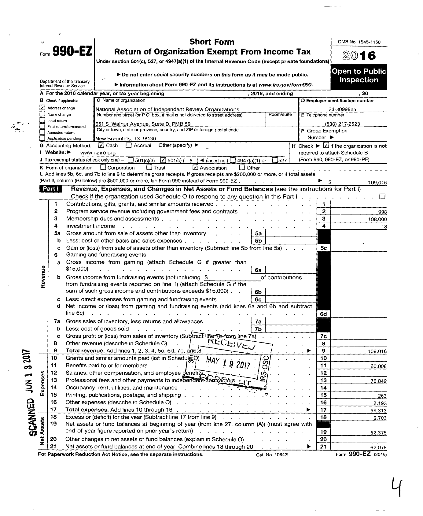 Image of first page of 2016 Form 990EO for National Association of Independent Review Organizations