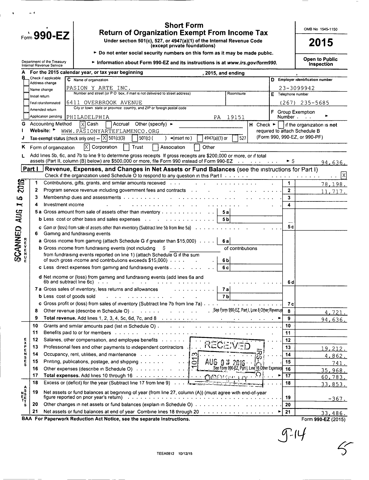 Image of first page of 2015 Form 990EZ for Pasion Y Arte