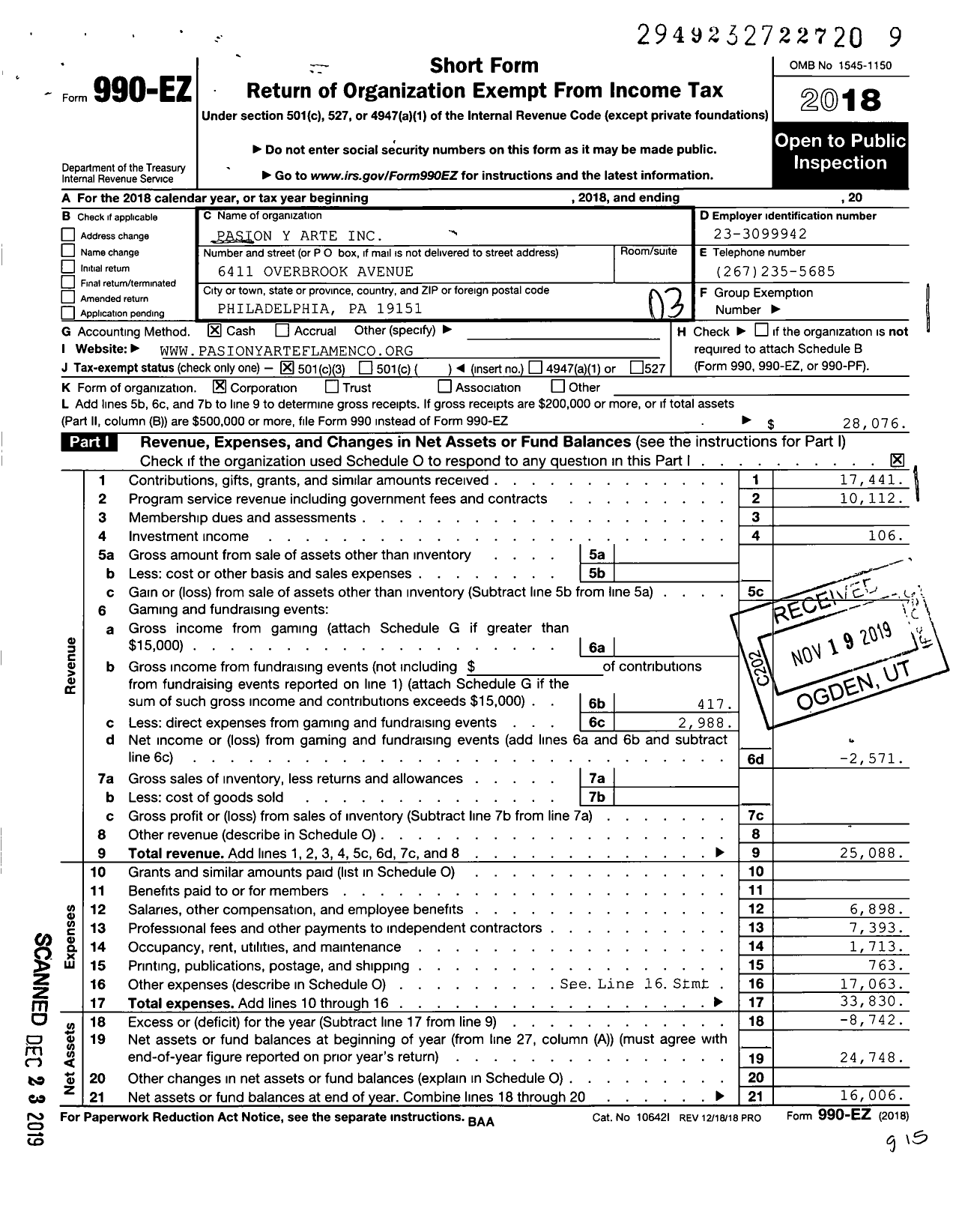 Image of first page of 2018 Form 990EZ for Pasion Y Arte