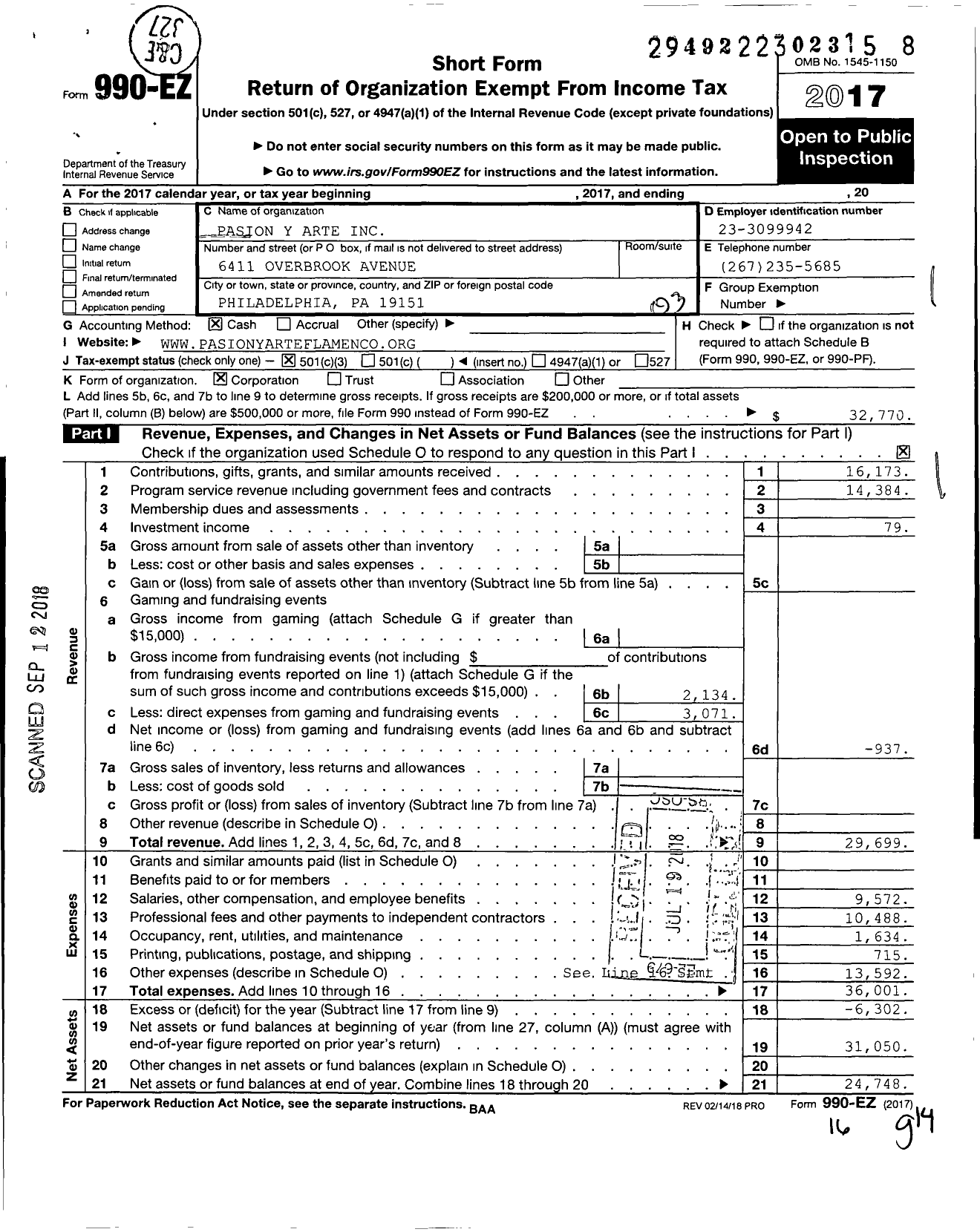 Image of first page of 2017 Form 990EZ for Pasion Y Arte