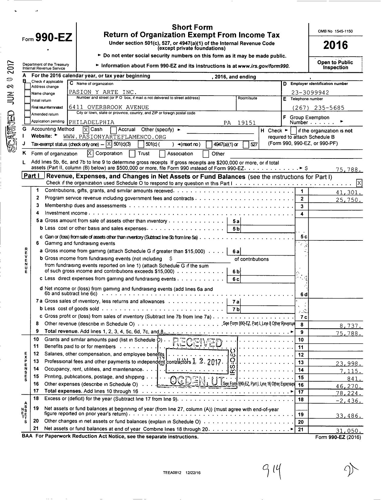 Image of first page of 2016 Form 990EZ for Pasion Y Arte