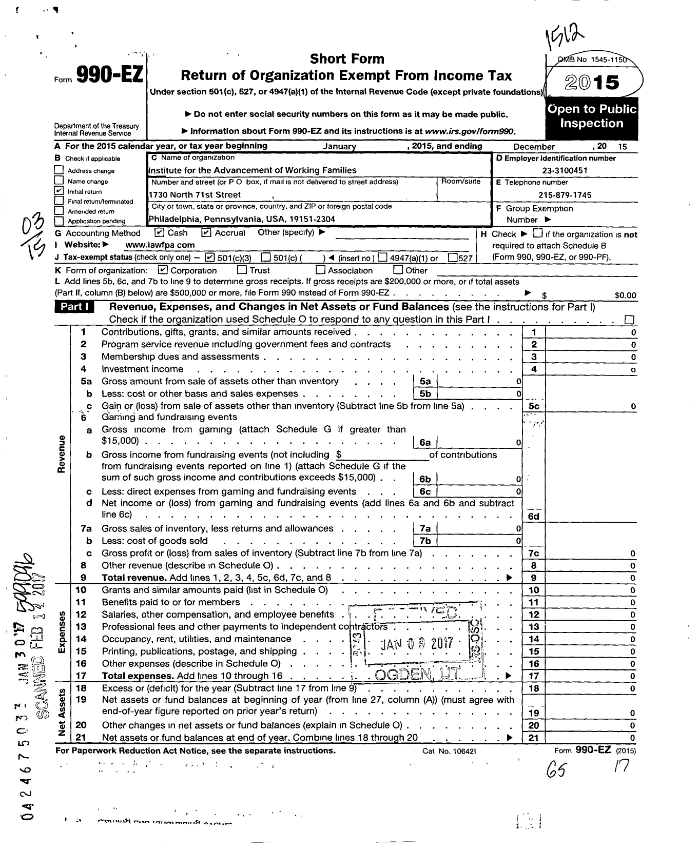 Image of first page of 2015 Form 990EZ for Institute for the Advancement of Working Families