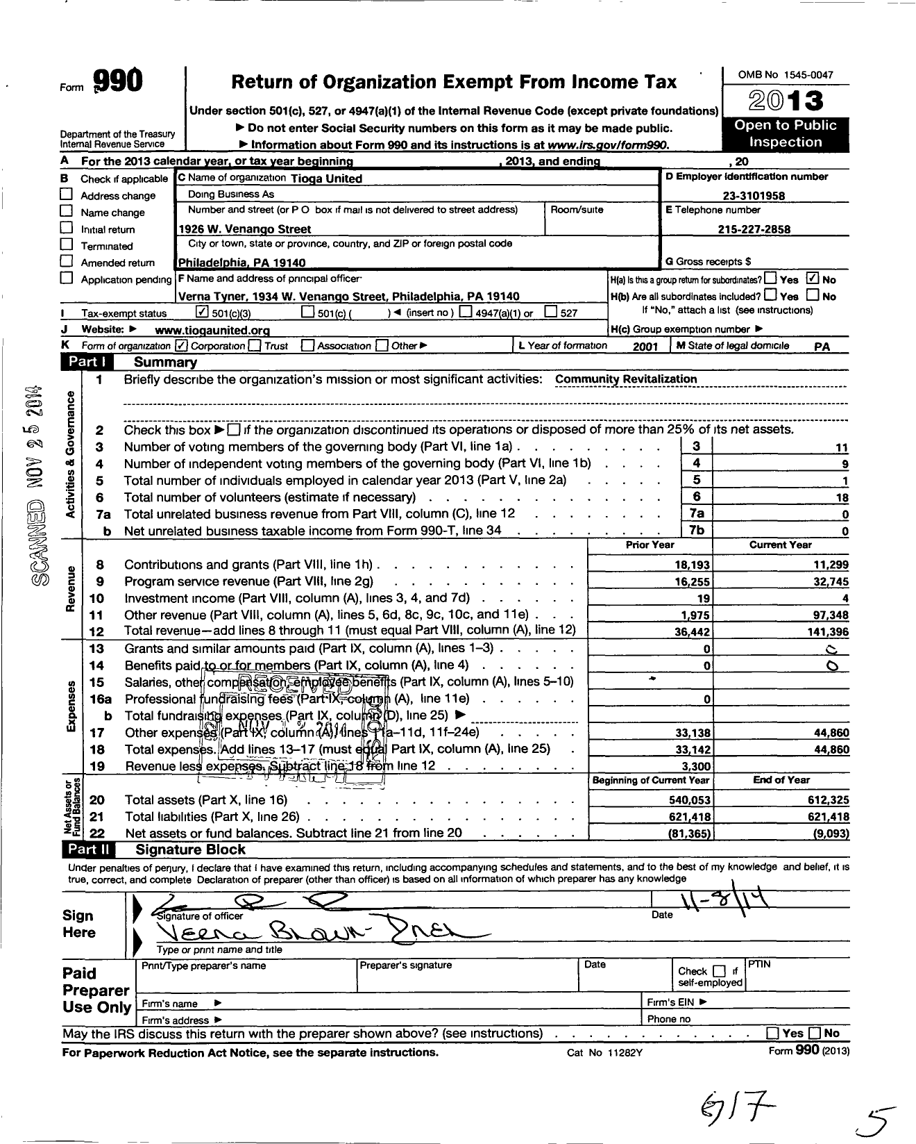 Image of first page of 2013 Form 990 for Tioga United