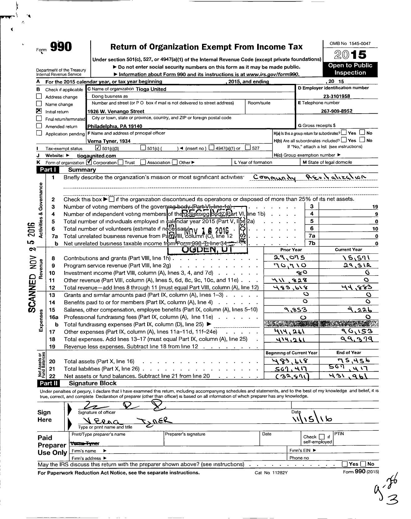 Image of first page of 2015 Form 990 for Tioga United