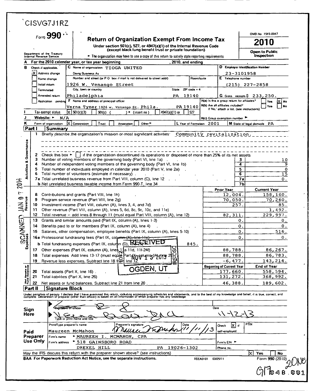 Image of first page of 2010 Form 990 for Tioga United