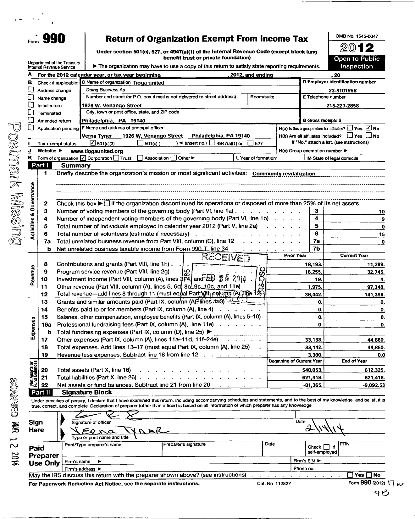 Image of first page of 2012 Form 990 for Tioga United