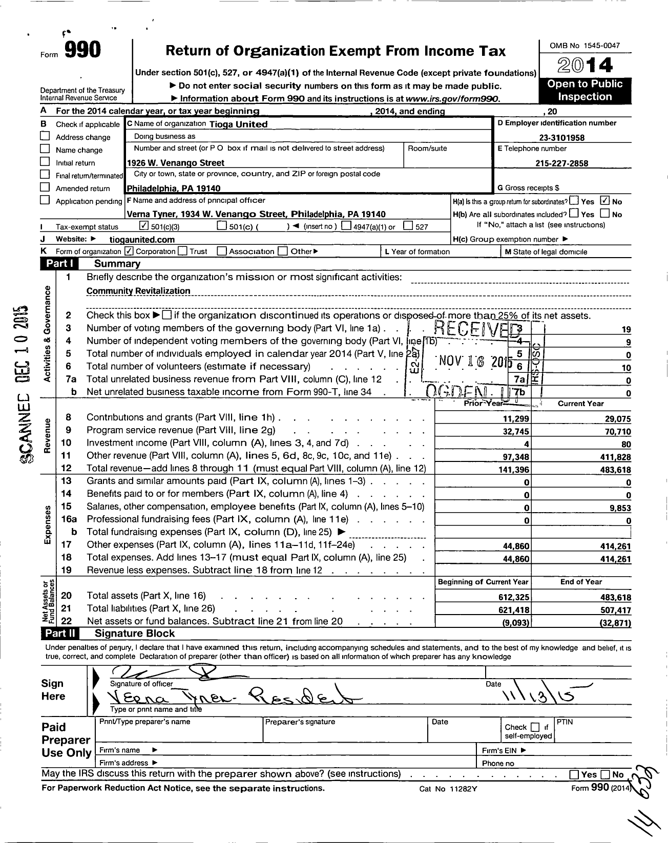 Image of first page of 2014 Form 990 for Tioga United