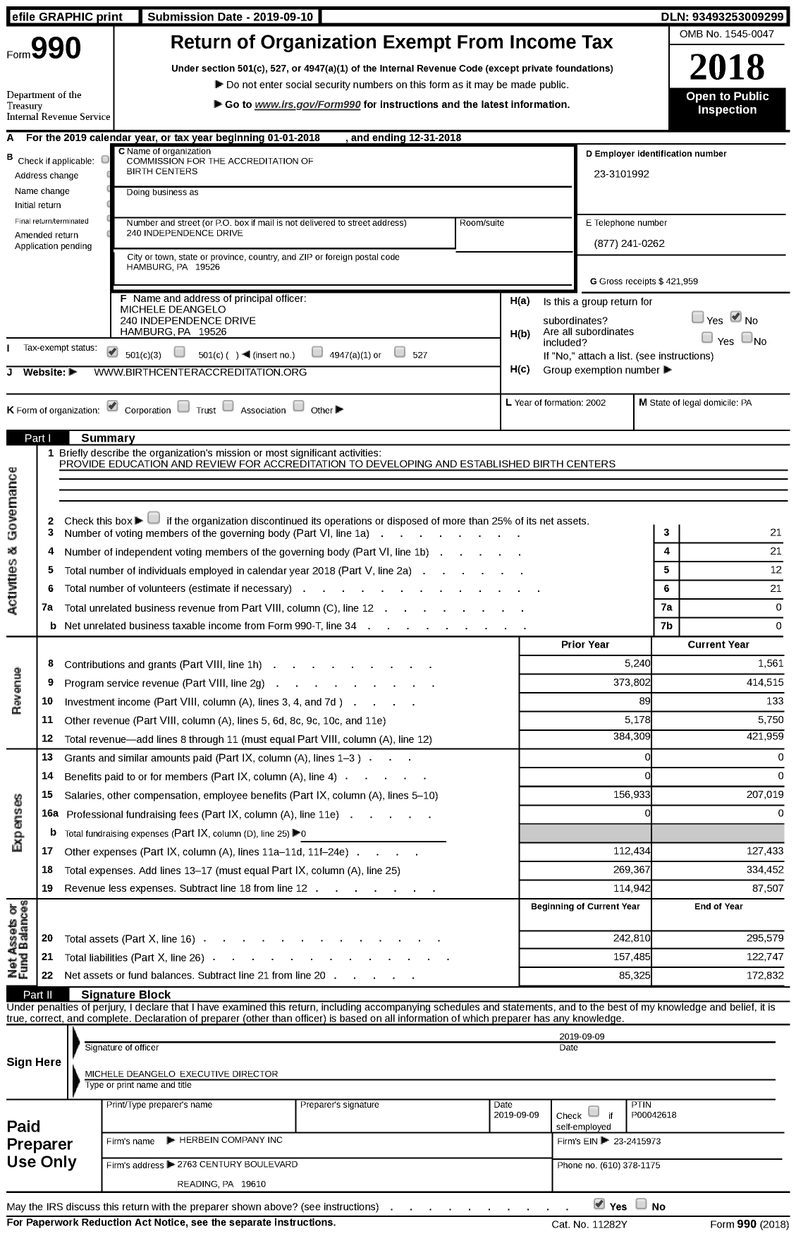 Image of first page of 2018 Form 990 for Commission for the Accreditation of Birth Centers