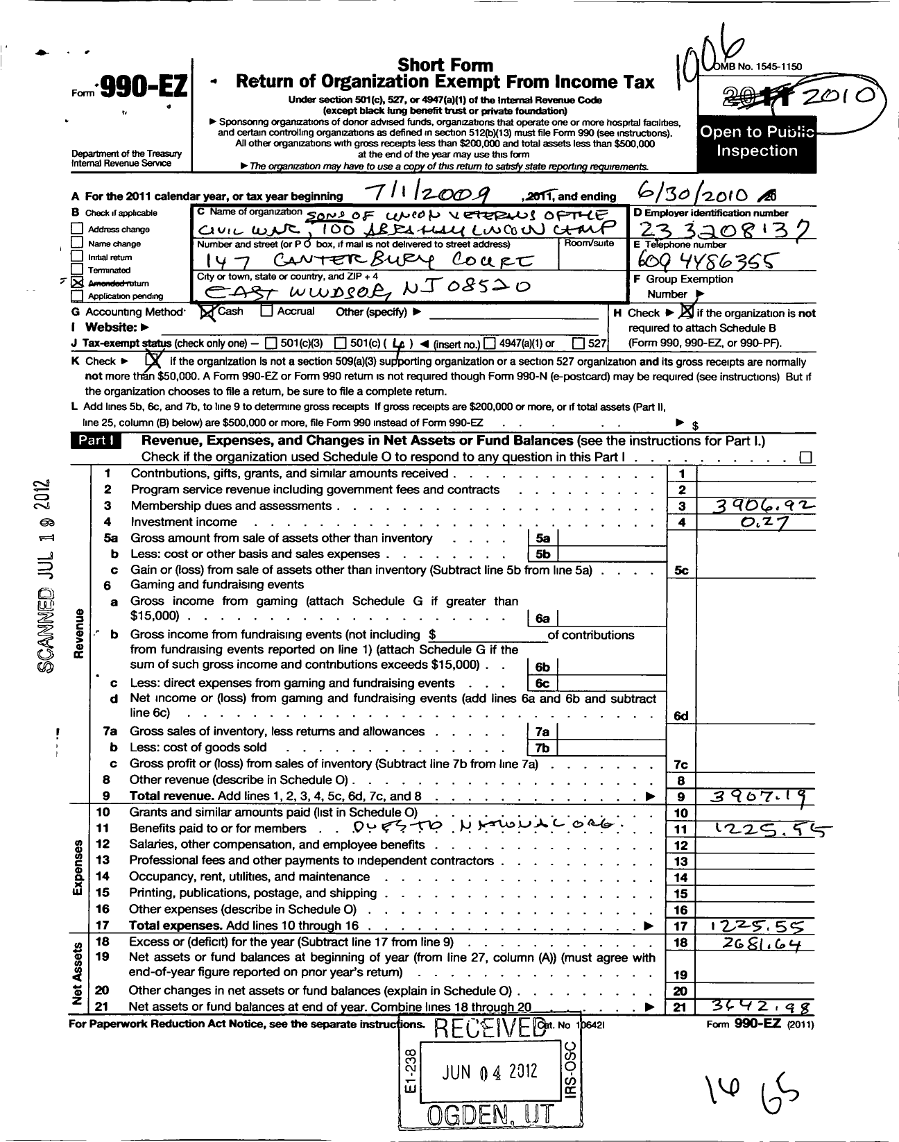 Image of first page of 2009 Form 990EO for Sons of Union Veterans of the Civil War - 100 Abraham Lincoln Camp NJ Dept