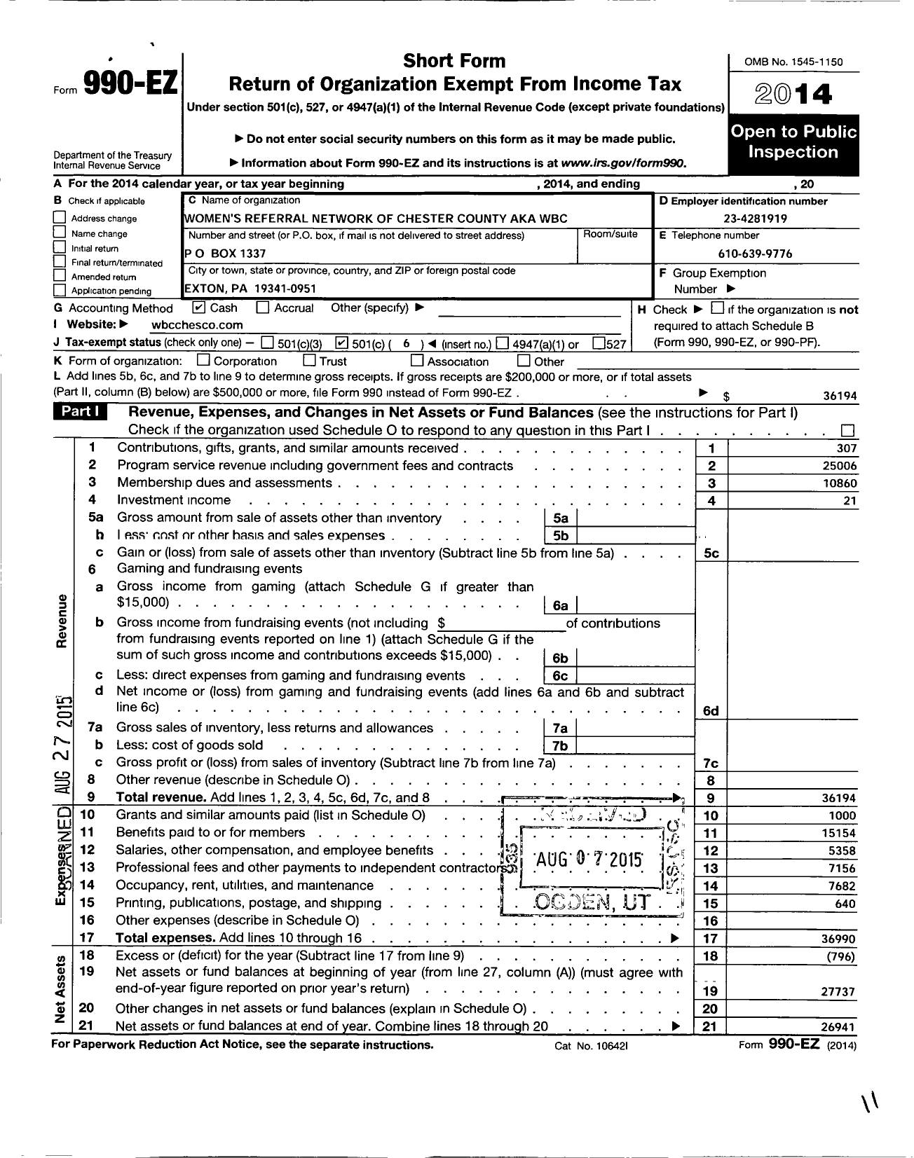 Image of first page of 2014 Form 990EO for Women's Referral Network of Chester County