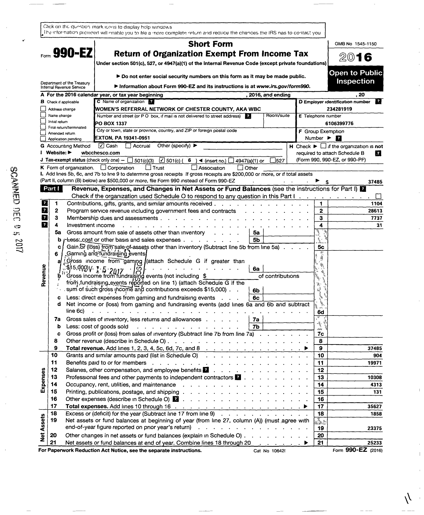 Image of first page of 2016 Form 990EO for Women's Referral Network of Chester County