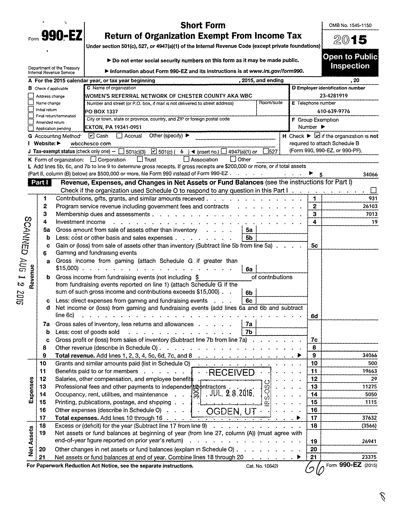 Image of first page of 2015 Form 990EO for Women's Referral Network of Chester County