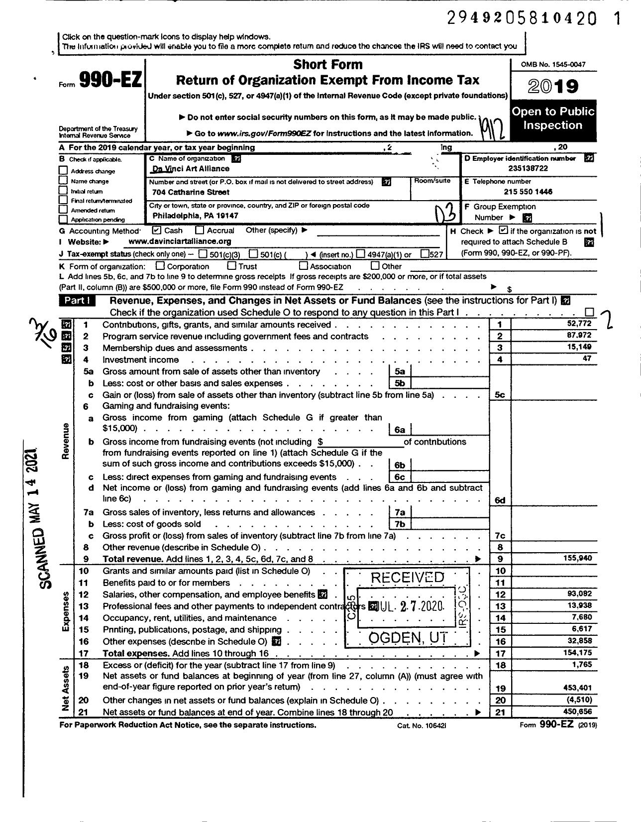 Image of first page of 2019 Form 990EZ for Da Vinci Art Alliance