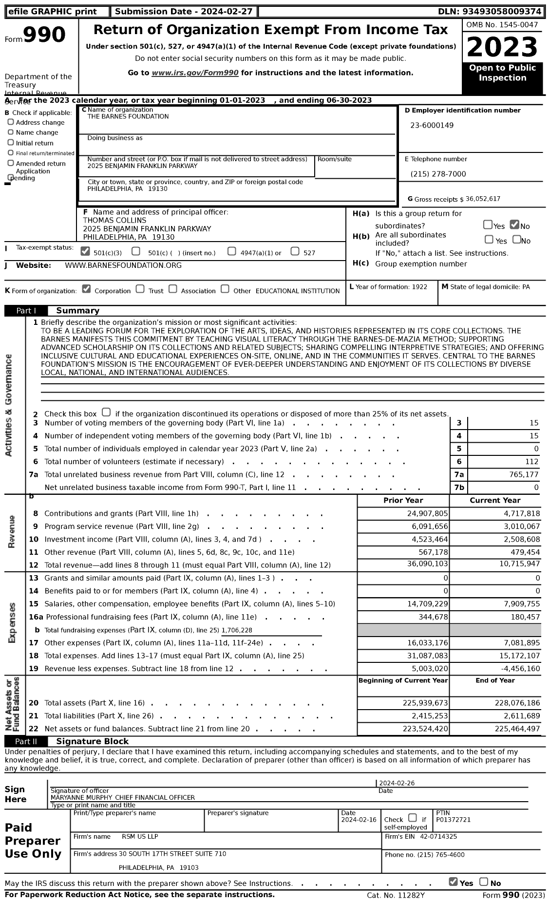 Image of first page of 2022 Form 990 for The Barnes Foundation