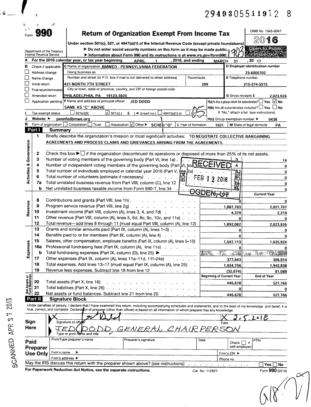 Image of first page of 2016 Form 990O for Brotherhood of Maintenance of Way Employes - Penn Fed Bmwe