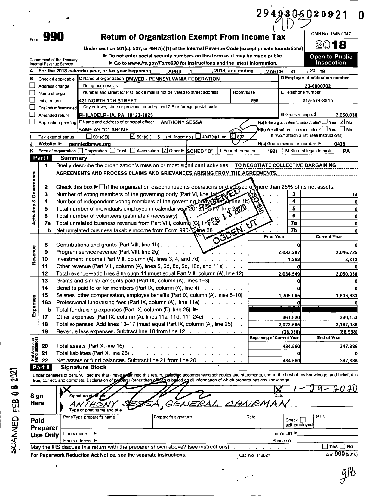 Image of first page of 2018 Form 990O for Brotherhood of Maintenance of Way Employes - Penn Fed Bmwe