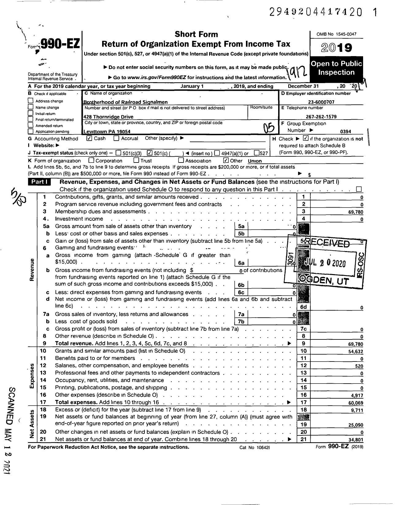 Image of first page of 2019 Form 990EO for Brotherhood of Railroad Signalmen - 18 Pennsylvania RR Memorial Local