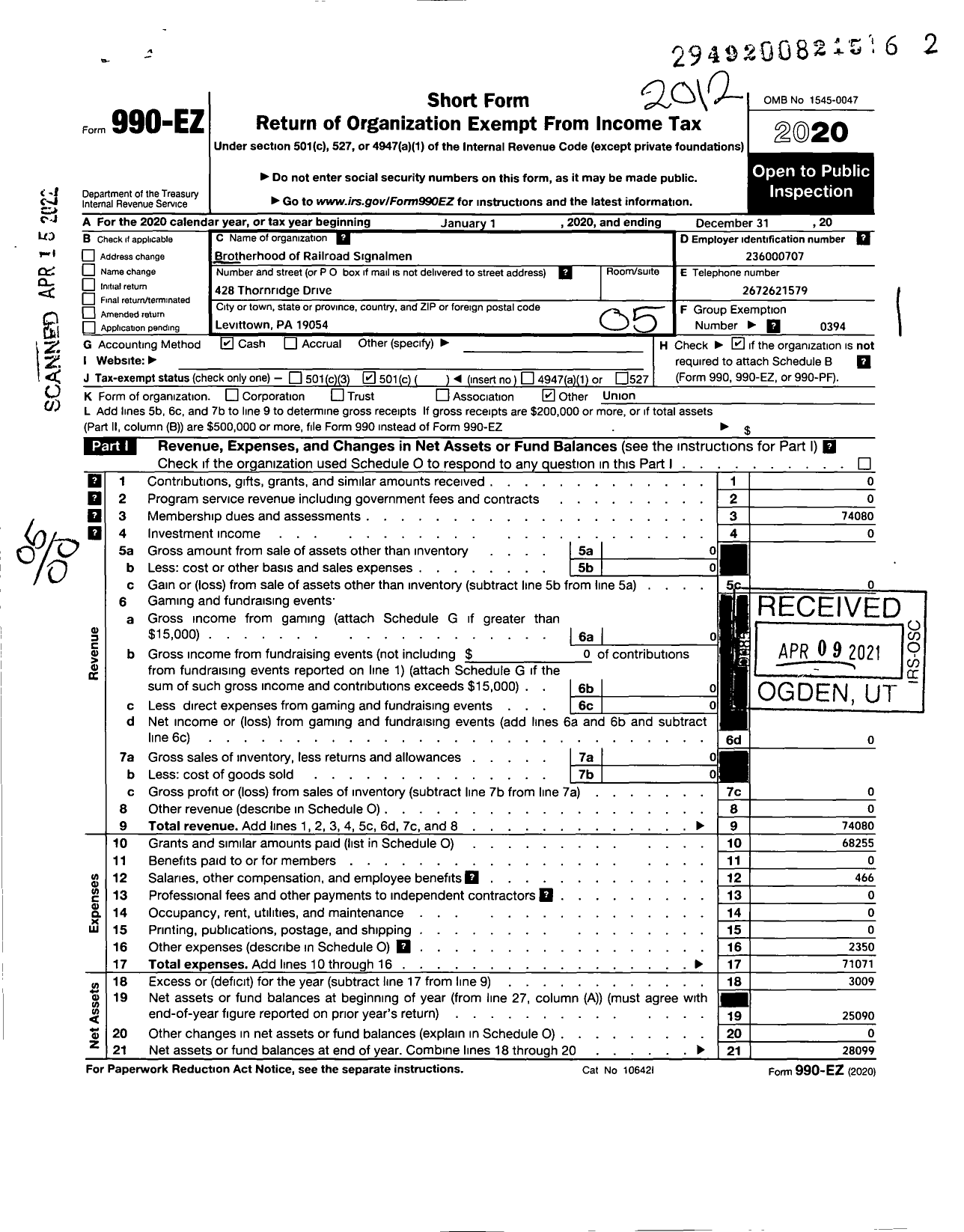 Image of first page of 2020 Form 990EO for Brotherhood of Railroad Signalmen - 18 Pennsylvania RR Memorial Local