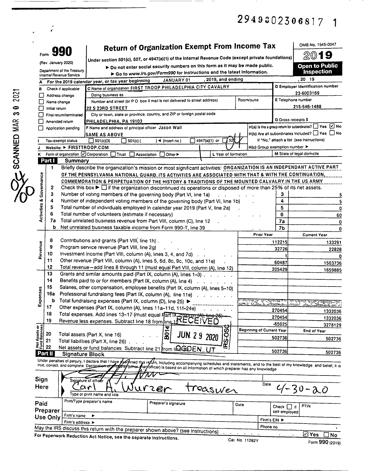 Image of first page of 2019 Form 990O for First Troop Philadelphia City Cavalry