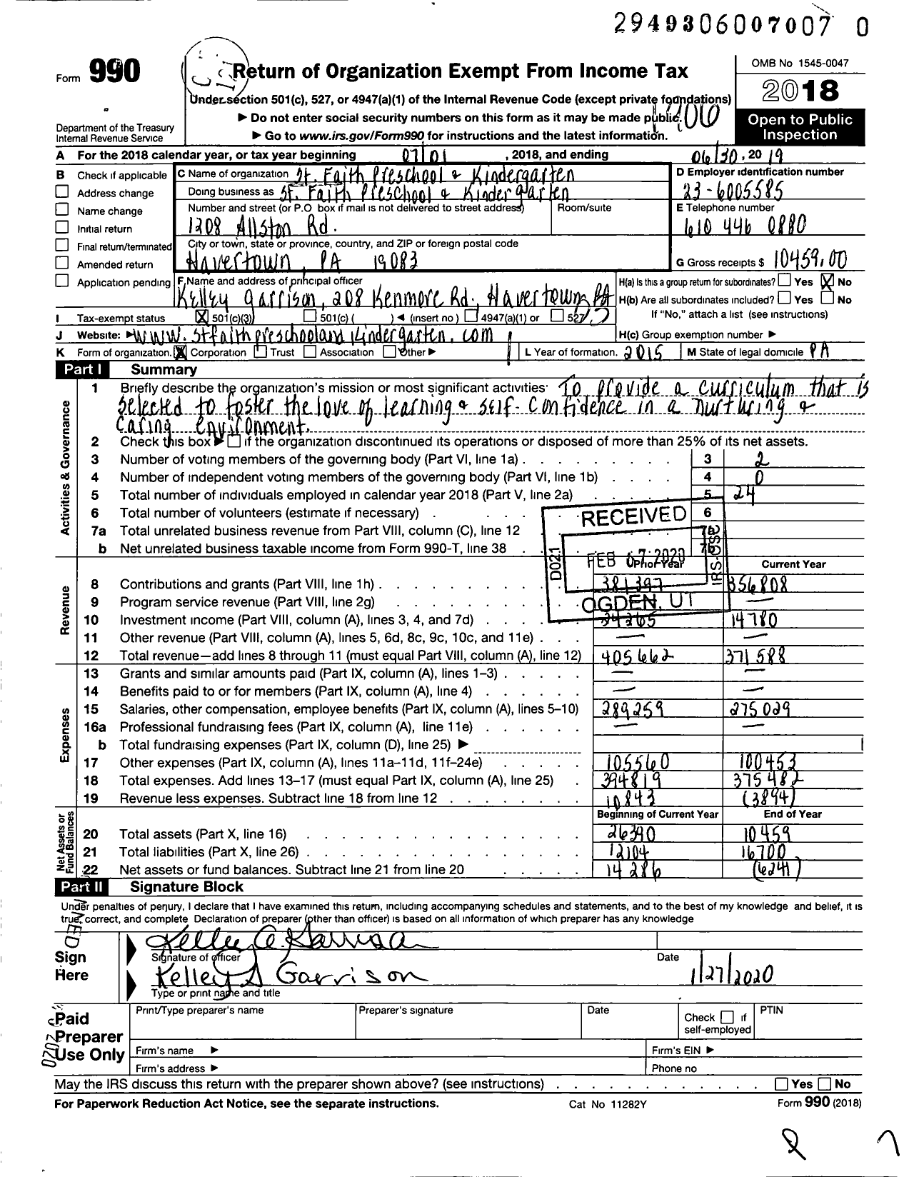 Image of first page of 2018 Form 990 for St Faith Preschool and Kindergarten