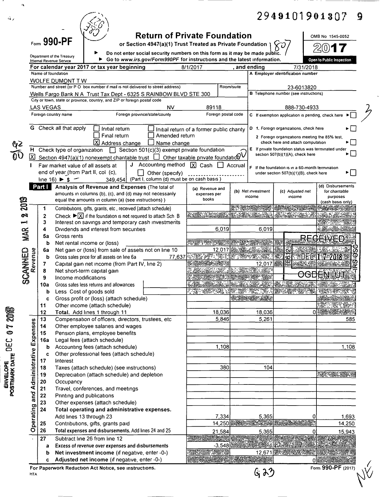 Image of first page of 2017 Form 990PF for Wolfe Dumont TW