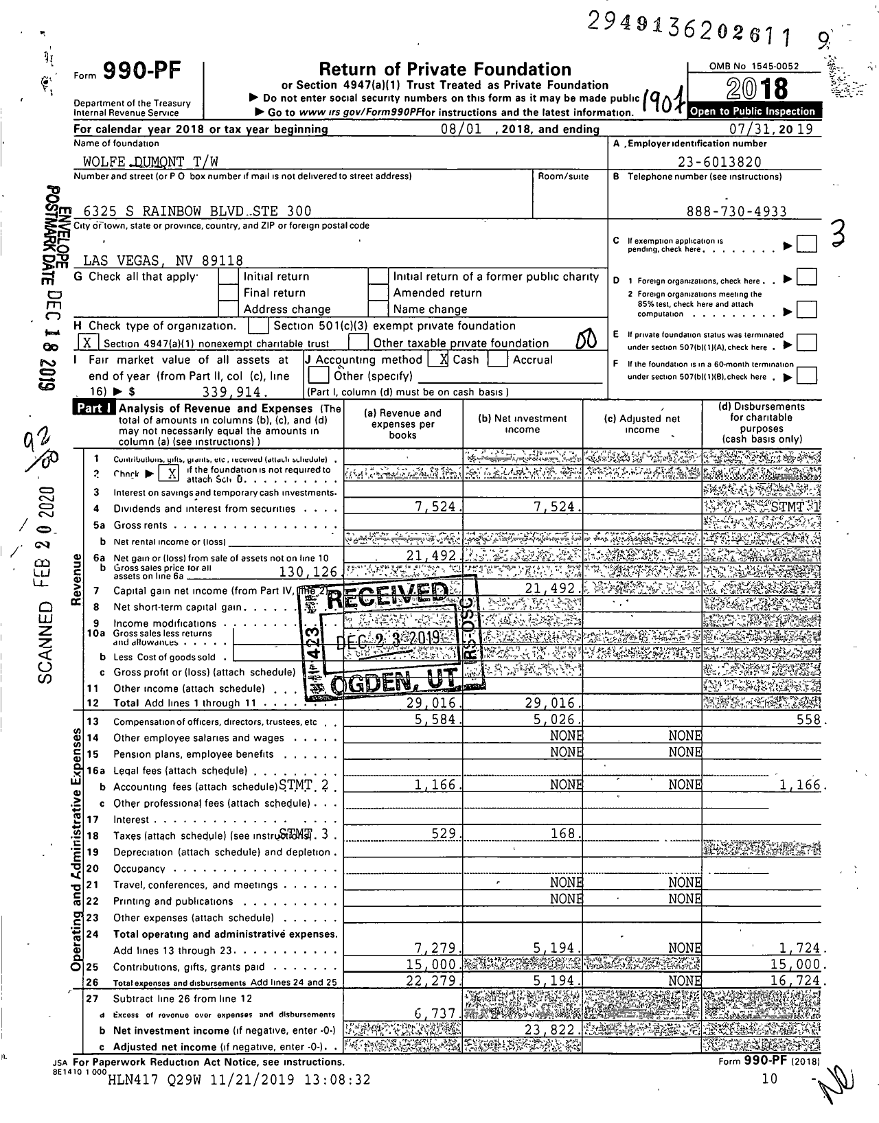 Image of first page of 2018 Form 990PF for Wolfe Dumont TW