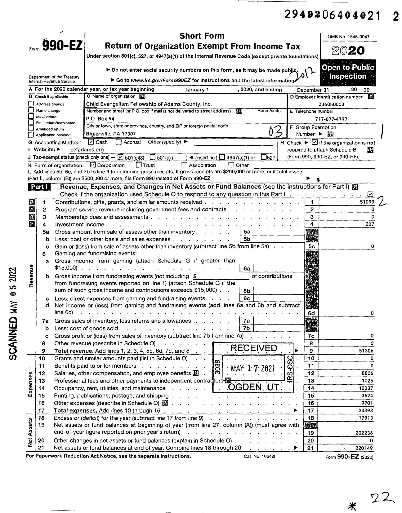 Image of first page of 2020 Form 990EZ for Child Evangelism Fellowship of Adams County