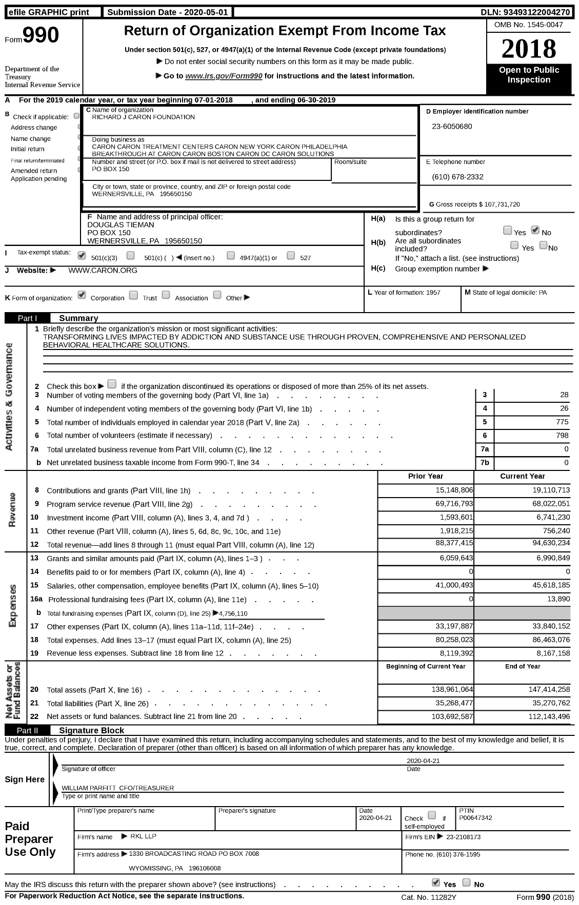 Image of first page of 2018 Form 990 for Caron Caron Outpatient Treatment Center